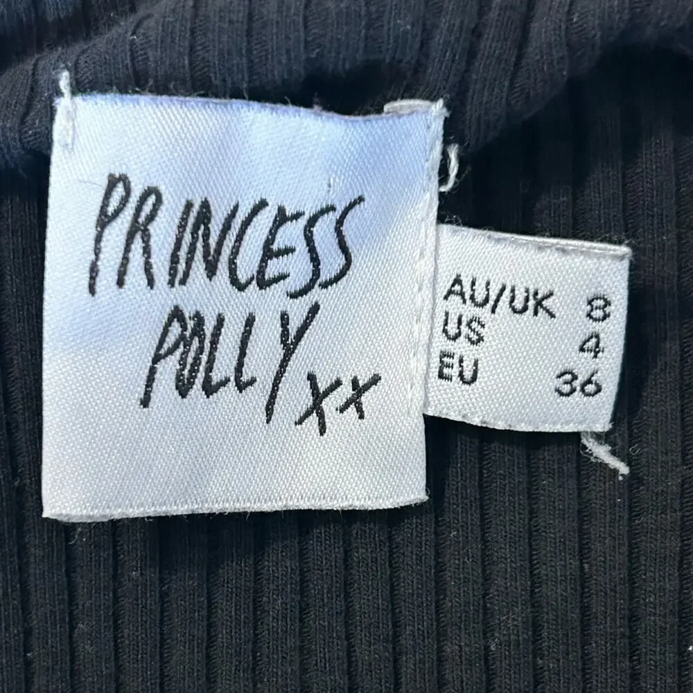 Princess Polly black ribbed mini dress bow tie strap slit size US 4 - Picture 5 of 9